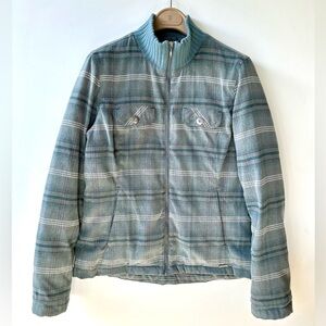 Prana Puffer Down Plaid Flannel Zip-Up Jacket with Ribbed Collar, Teal blue, S